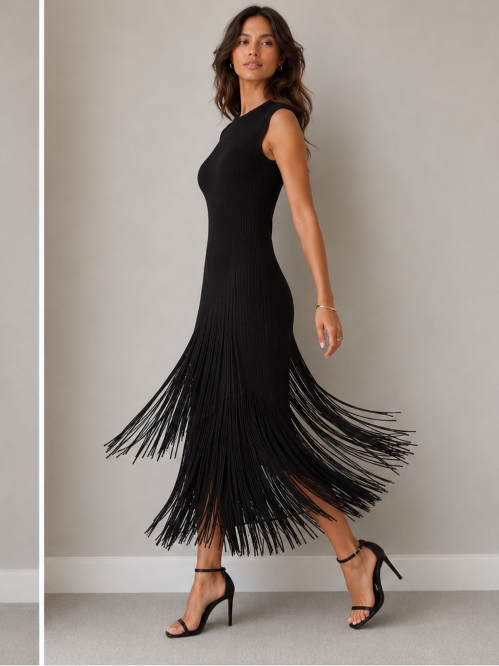 Simon Miller Black Sleeveless Fringe Ribbed Maxi Dress